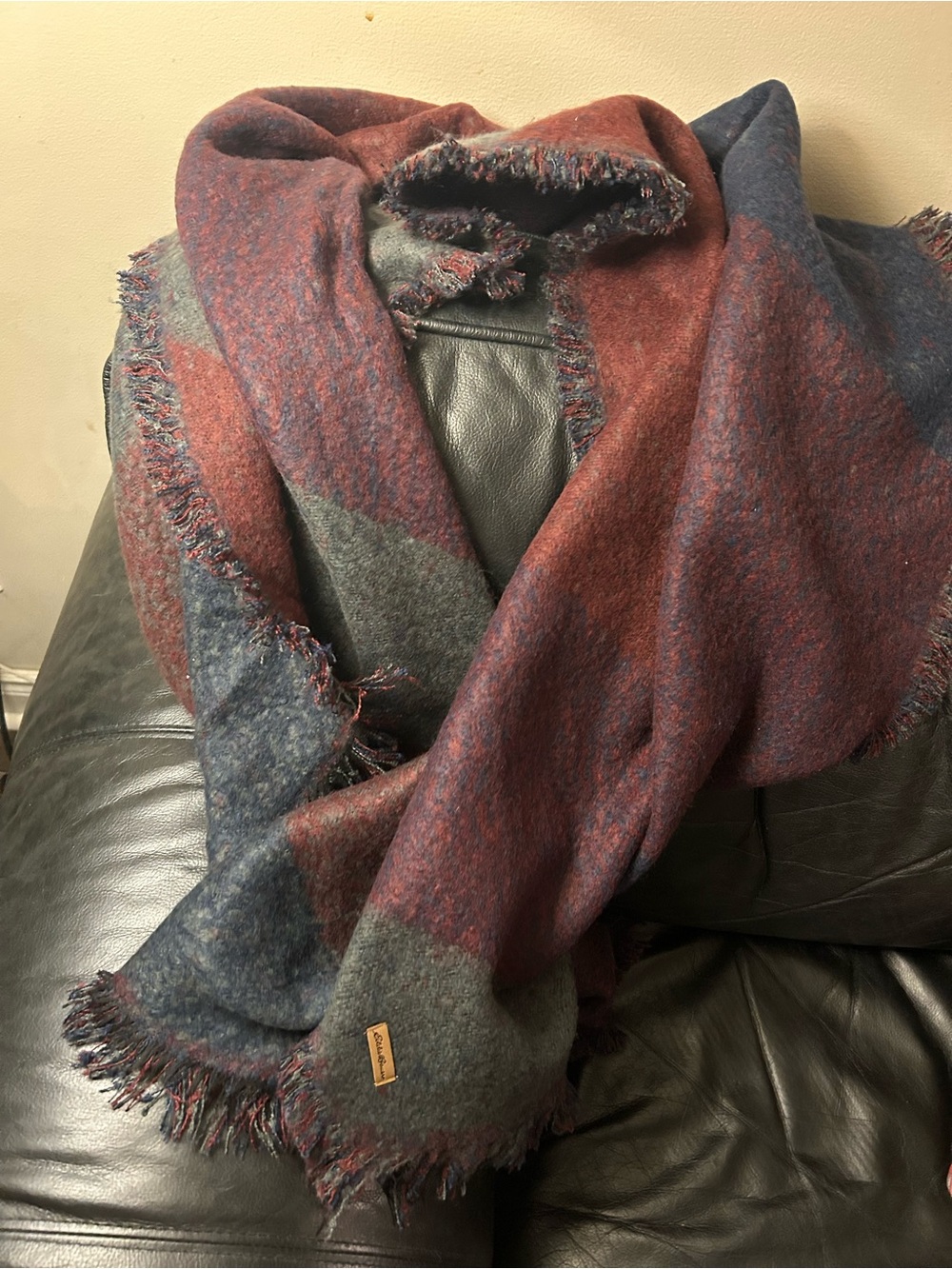 Eddie Bauer Red, Blue, and Gray Wool-Blend Fringe Wrap